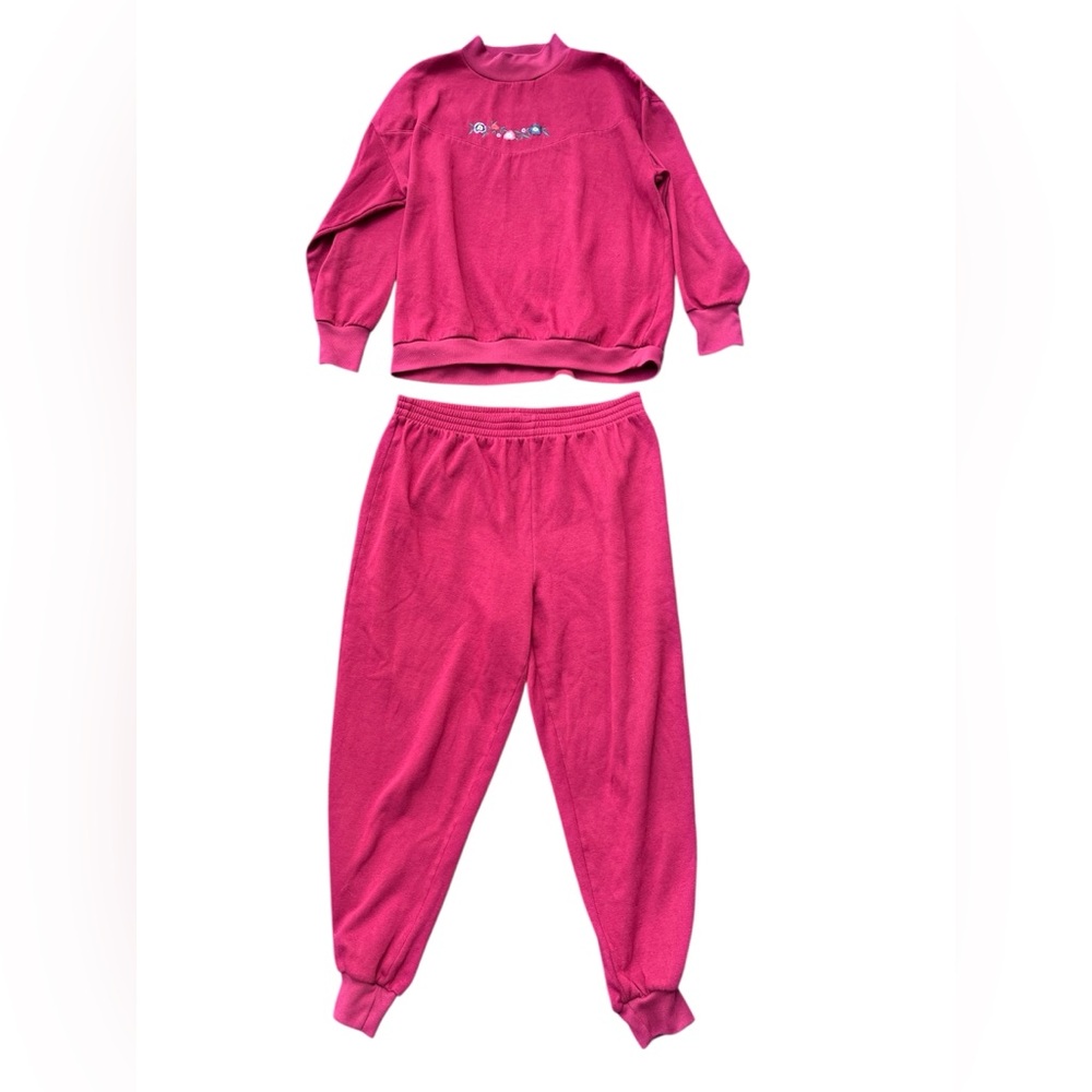 VTG Two Piece Sweatsuit From Two Twenty Maroon Embroidered Pansies Size Women’s